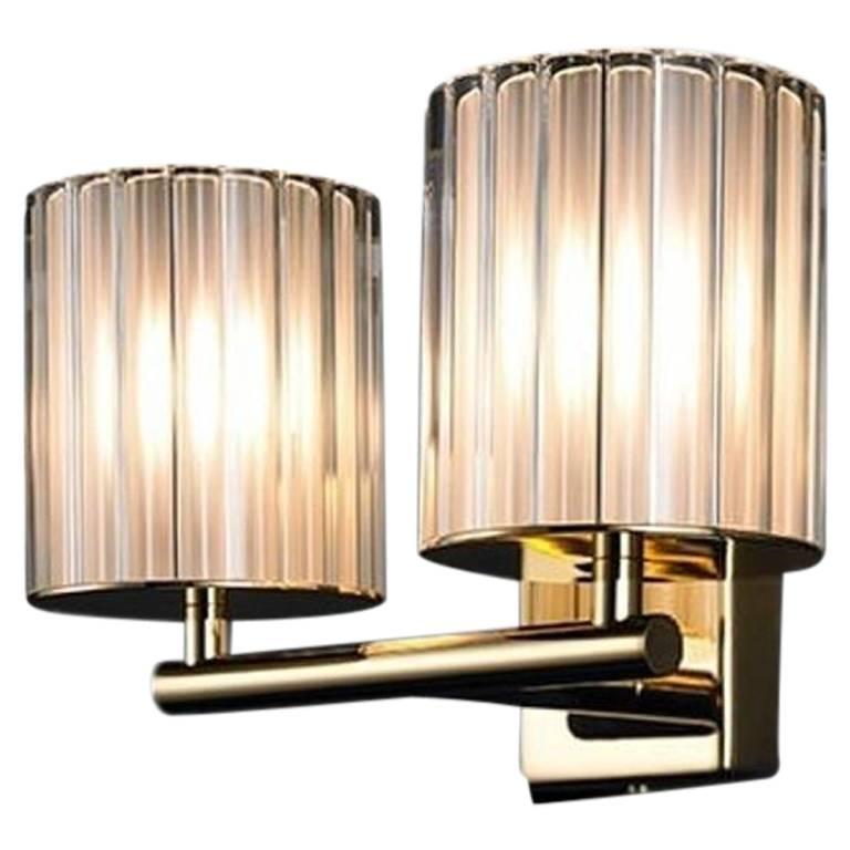 Flute Double Wall Light in Polished Gold with Frosted Glass  For Sale