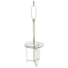 Brass and Lucite Tripod Leg Floor Lamp Glass Side Table