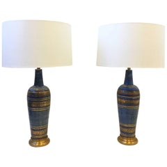 Vintage Pair of Italian Ceramic and Brass Table Lamps by Guido Bitossi for Marbro
