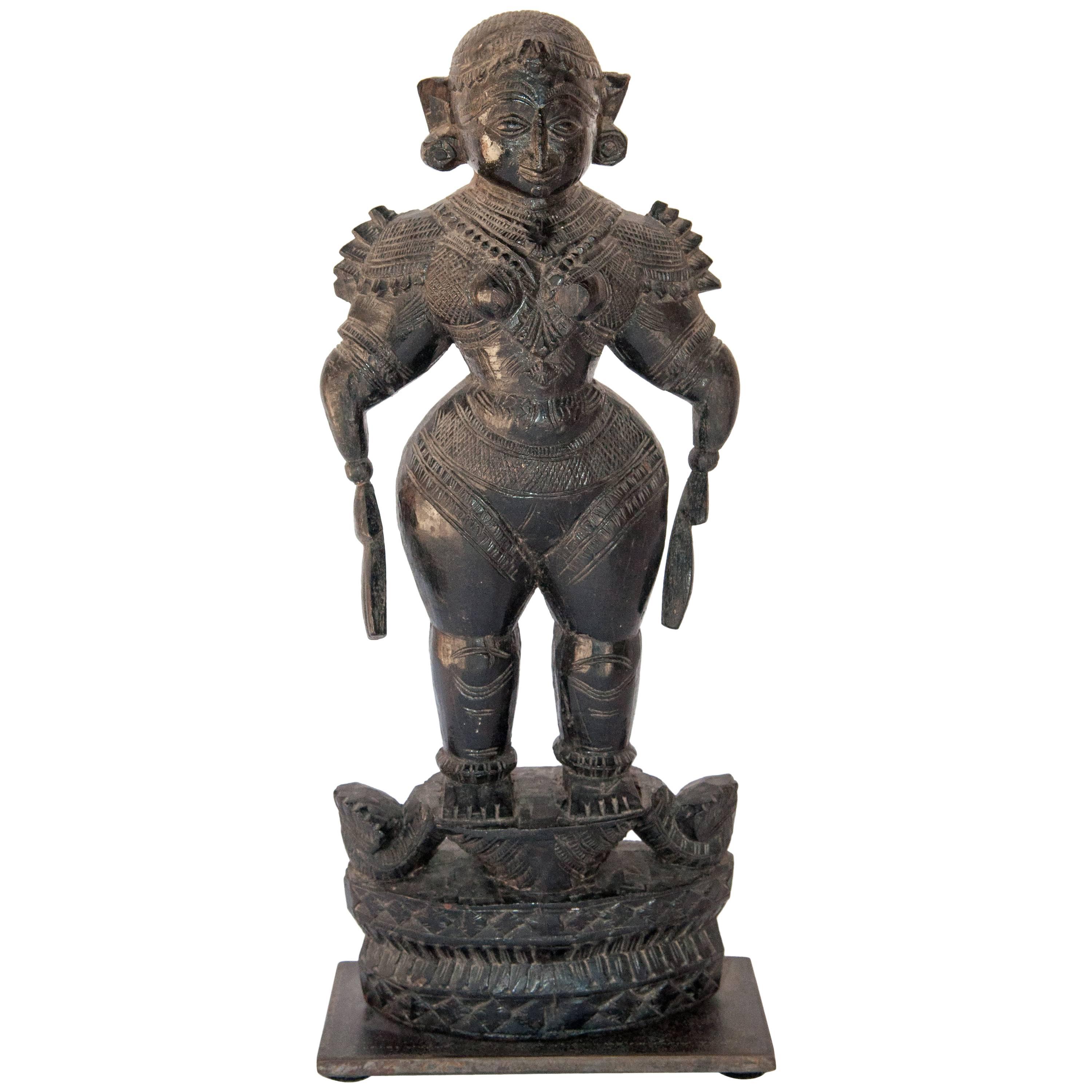 Wood Marapachi Doll from Tamil Nadu, Mid-20th Century, Hand-Carved & Blackened