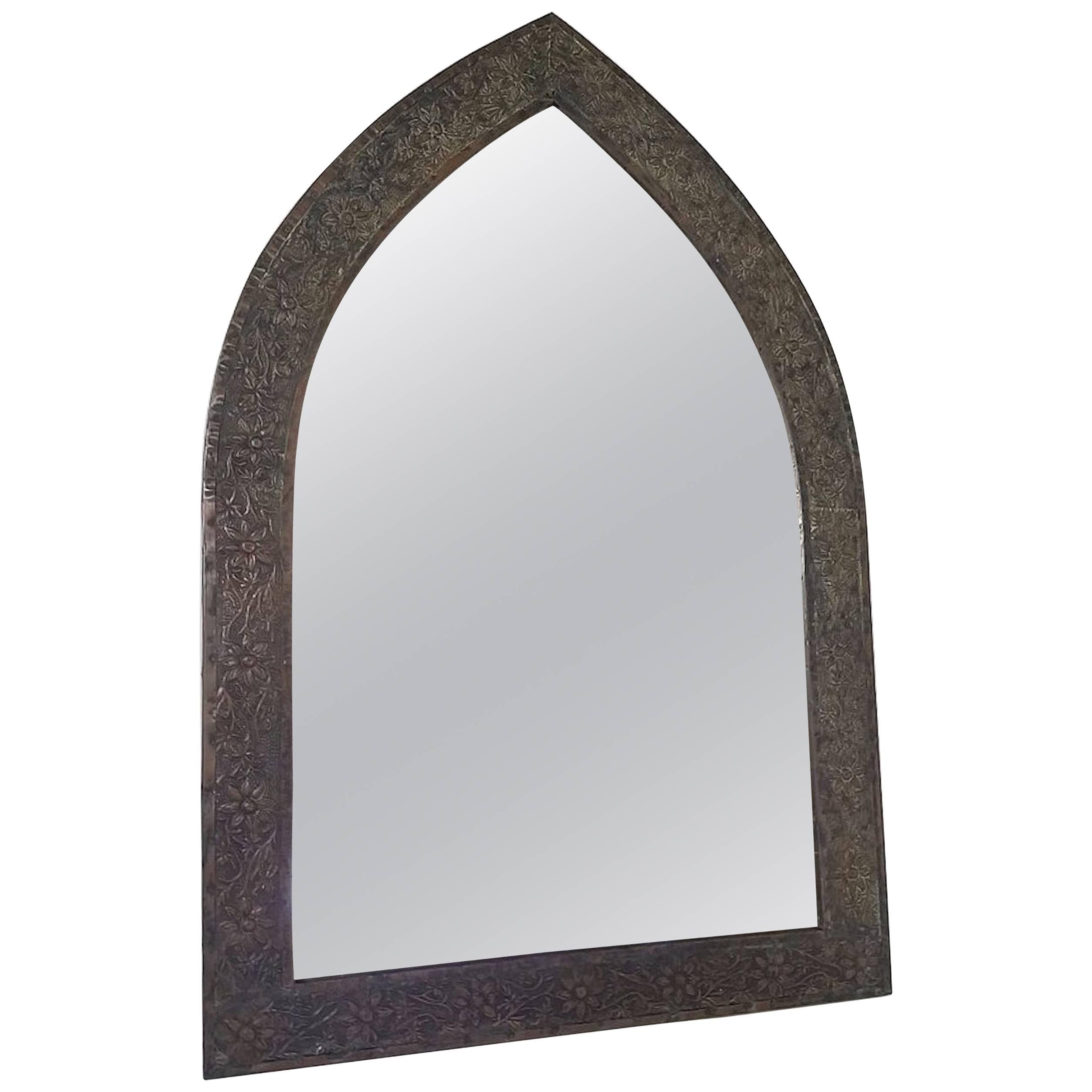 Triangular Patinated Tole Gothic Style Mirror For Sale