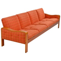 Vintage Original Scandinavian Bent Teak Plaid Wool Upholstered Sofa Couch, 1970s
