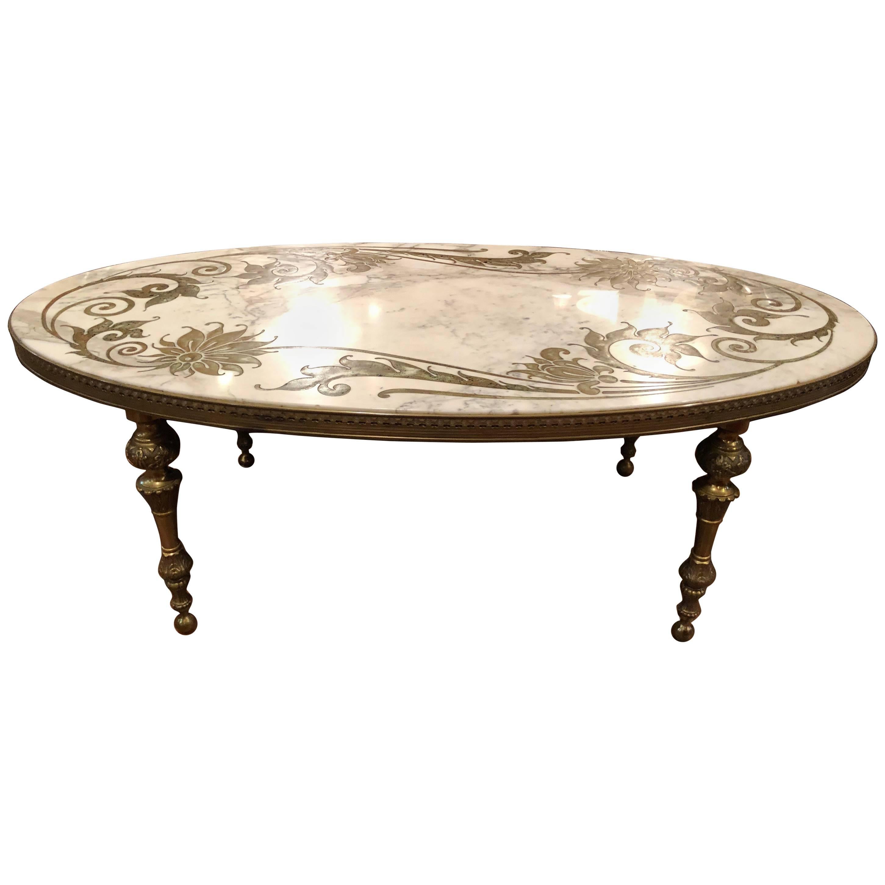 Hollywood Regency Marble-Top Coffee Table with Inlay