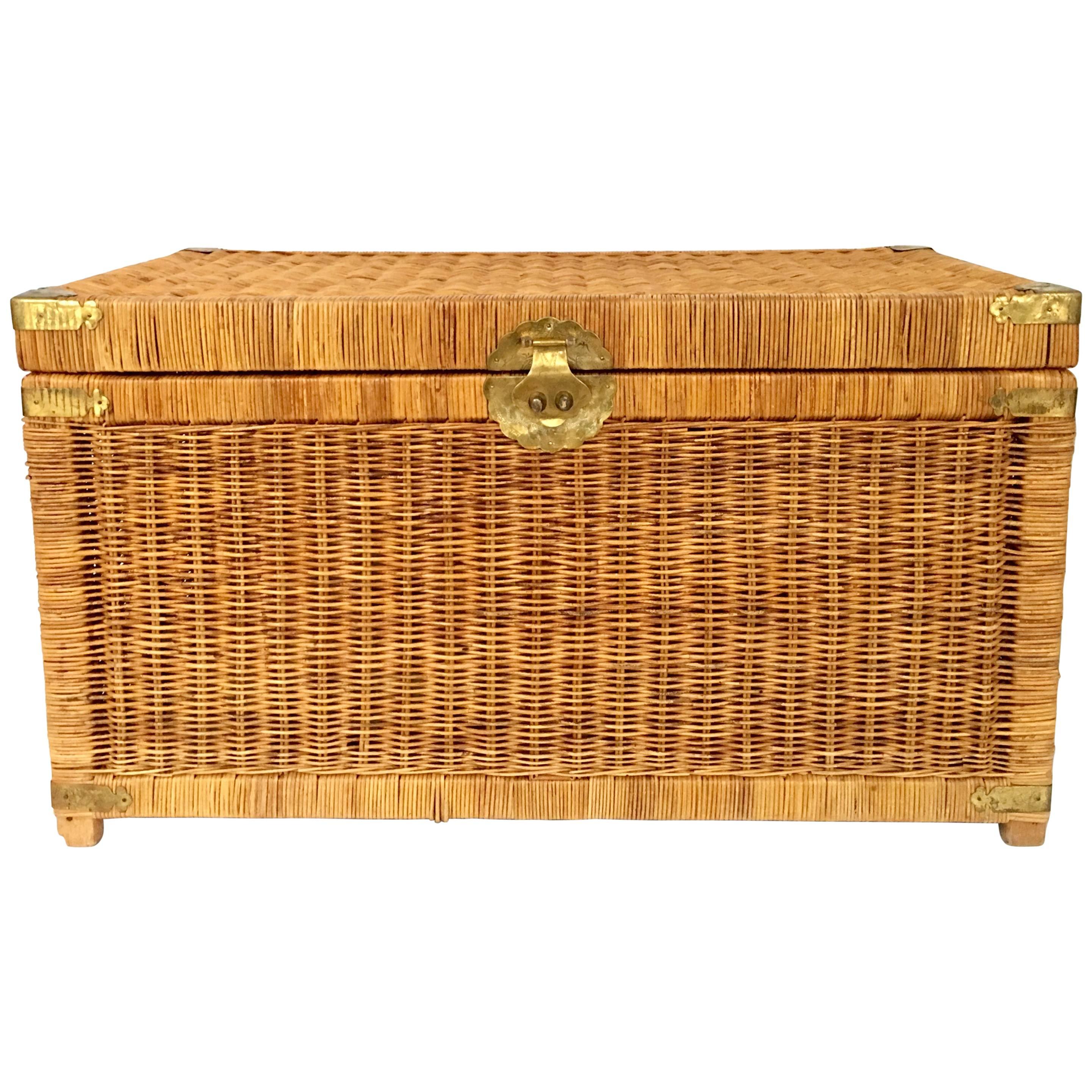 20th Century Wicker & Brass Chinoiserie Style Trunk Chest