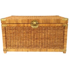 Vintage 20th Century Wicker & Brass Chinoiserie Style Trunk Chest