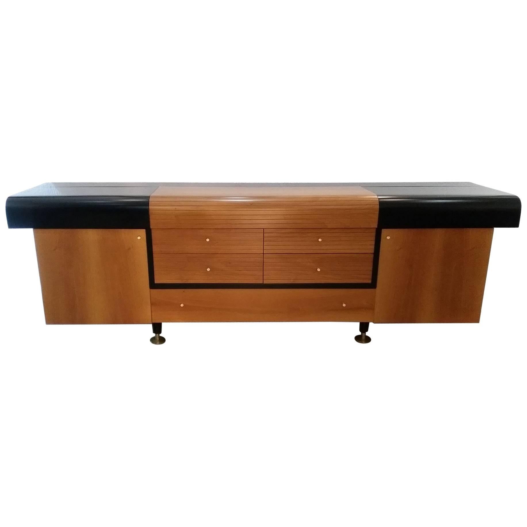 Pierre Cardin Vintage Sideboard Black Lacquered Wood and Teak, circa 1980