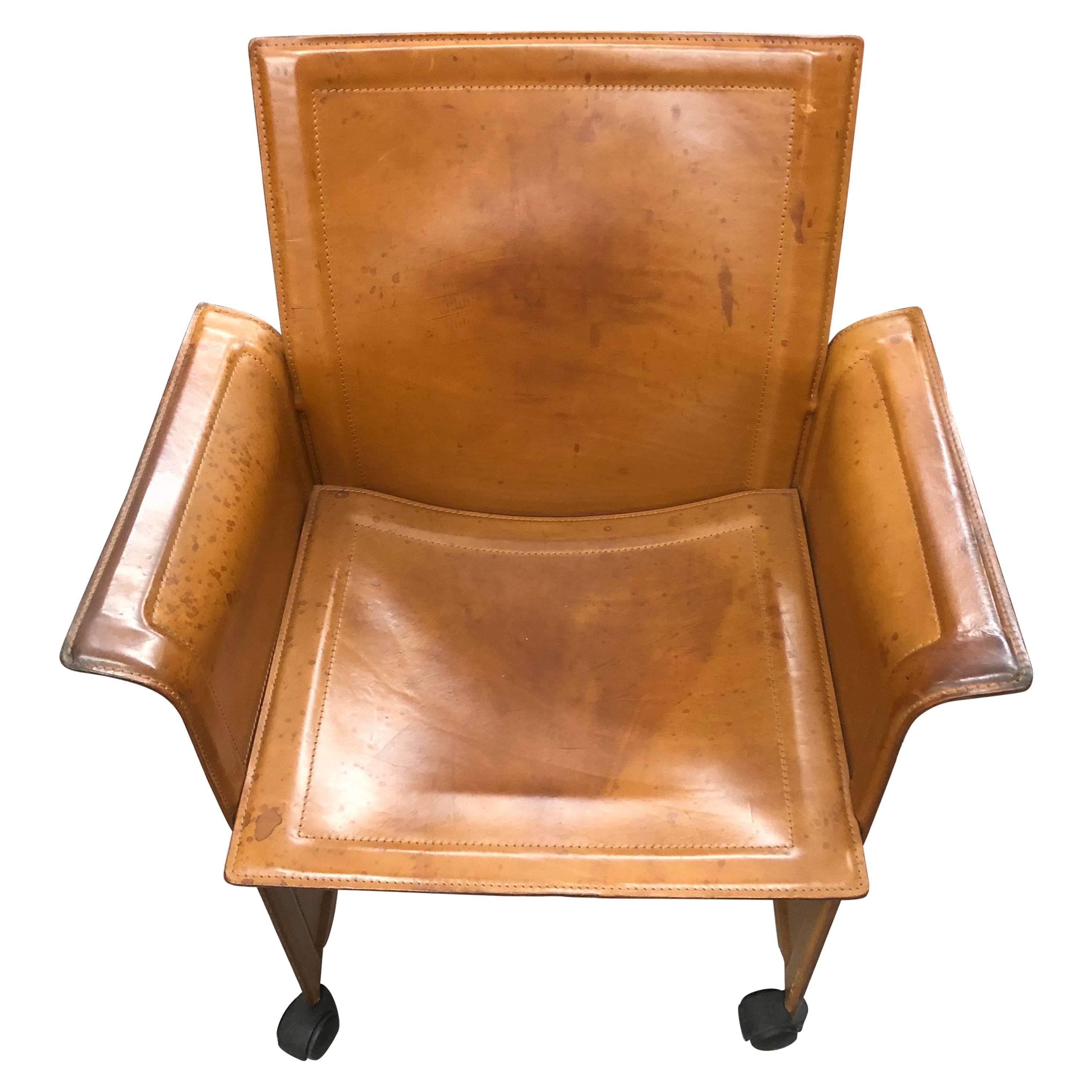 LAST Italian Design Four Real Leather Brown Office Desk Chairs, Italy, 1960s