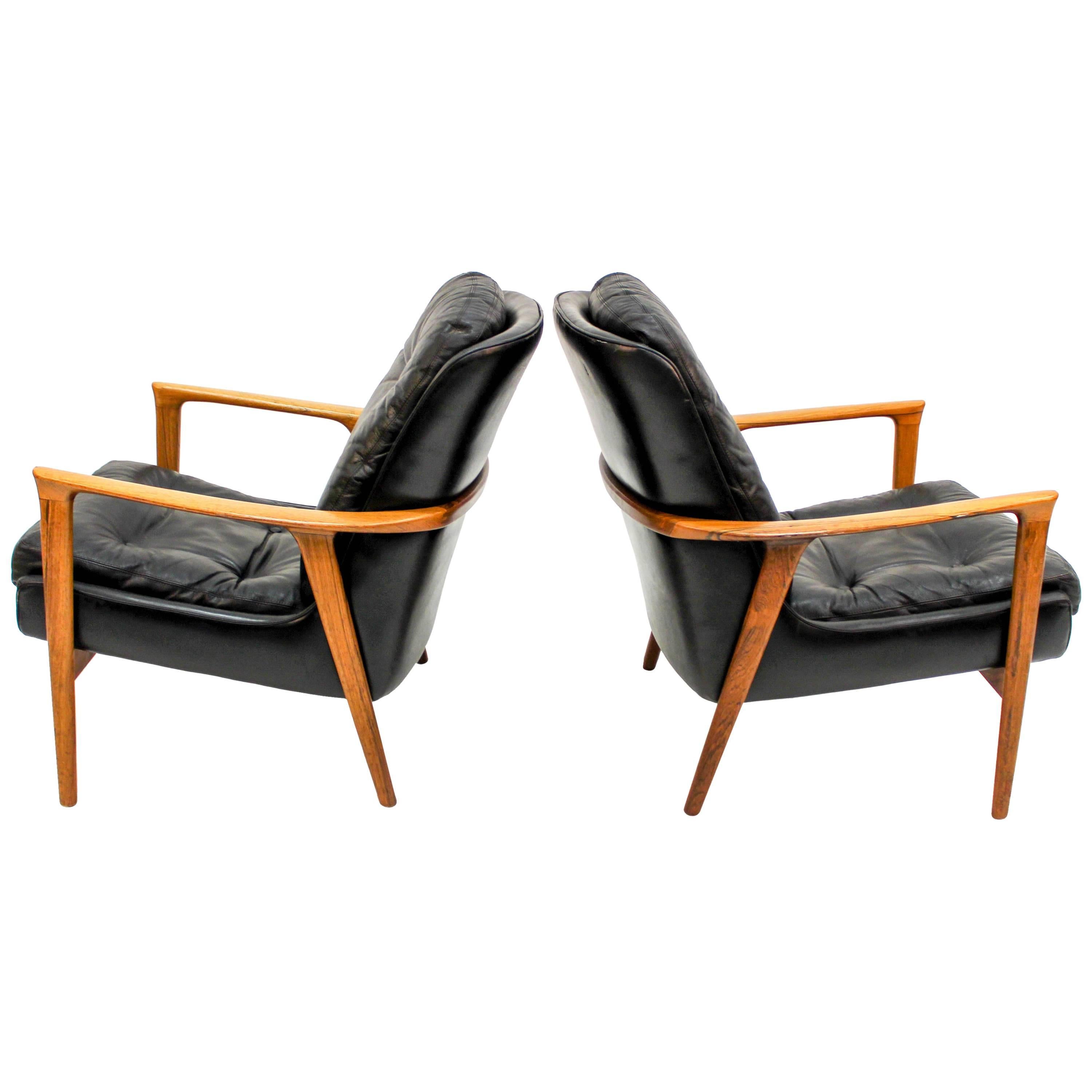 Midcentury Black Leather and Rosewood Lounge Chairs by Bröderna Andersson