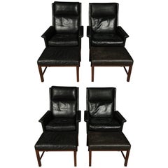 Pair of Kai Lyngfeldt Larsen Lounge Chairs with Foot Stools, circa 1970