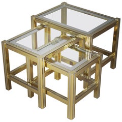 Set of Three Brass Glass Nesting Tables, circa 1970