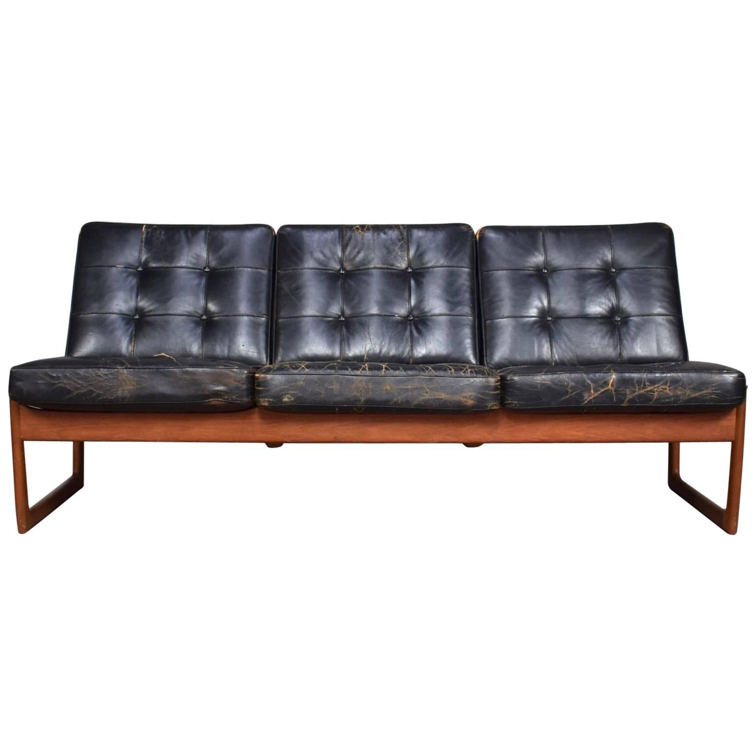 Teak and Leather Sofa Model FD130 by Hvidt and Molgaard-Nielsen, circa 1950