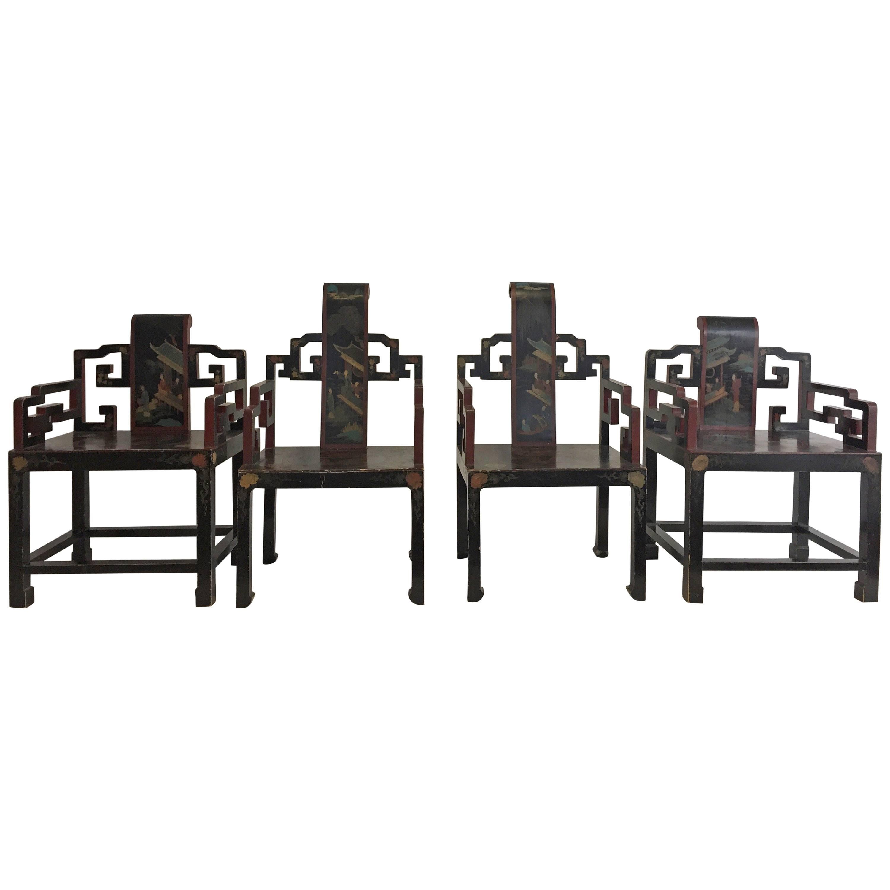 Chinesische geschnitzte und handbemalte chinesische Art-Déco-Stühle, Vierer-Set im Angebot