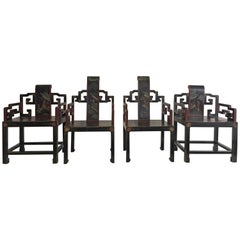 Antique Chinese Art Deco Chairs Carved And Hand-Painted Set Of Four