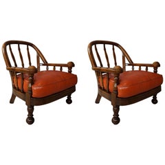 Used Pair of Wooden and Leather Armchairs