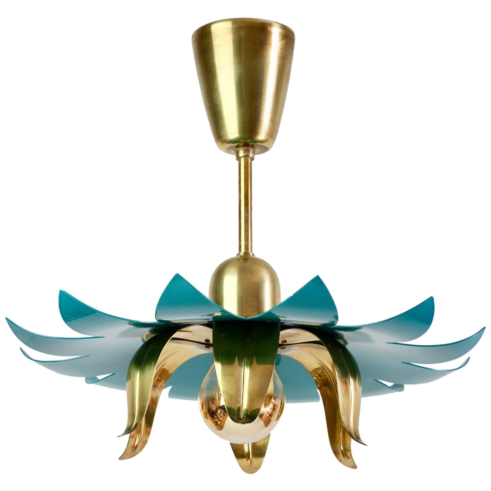 1950s Italian Stilnovo Style Brass and Turquoise Flower Pendant Light Fixture