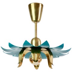 1950s Italian Stilnovo Style Brass and Turquoise Flower Pendant Light Fixture