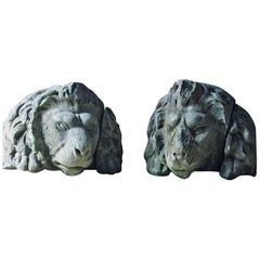 Pair of Carved Stone Gate Pier Fragmentary Lion Head Carvings, circa 1860