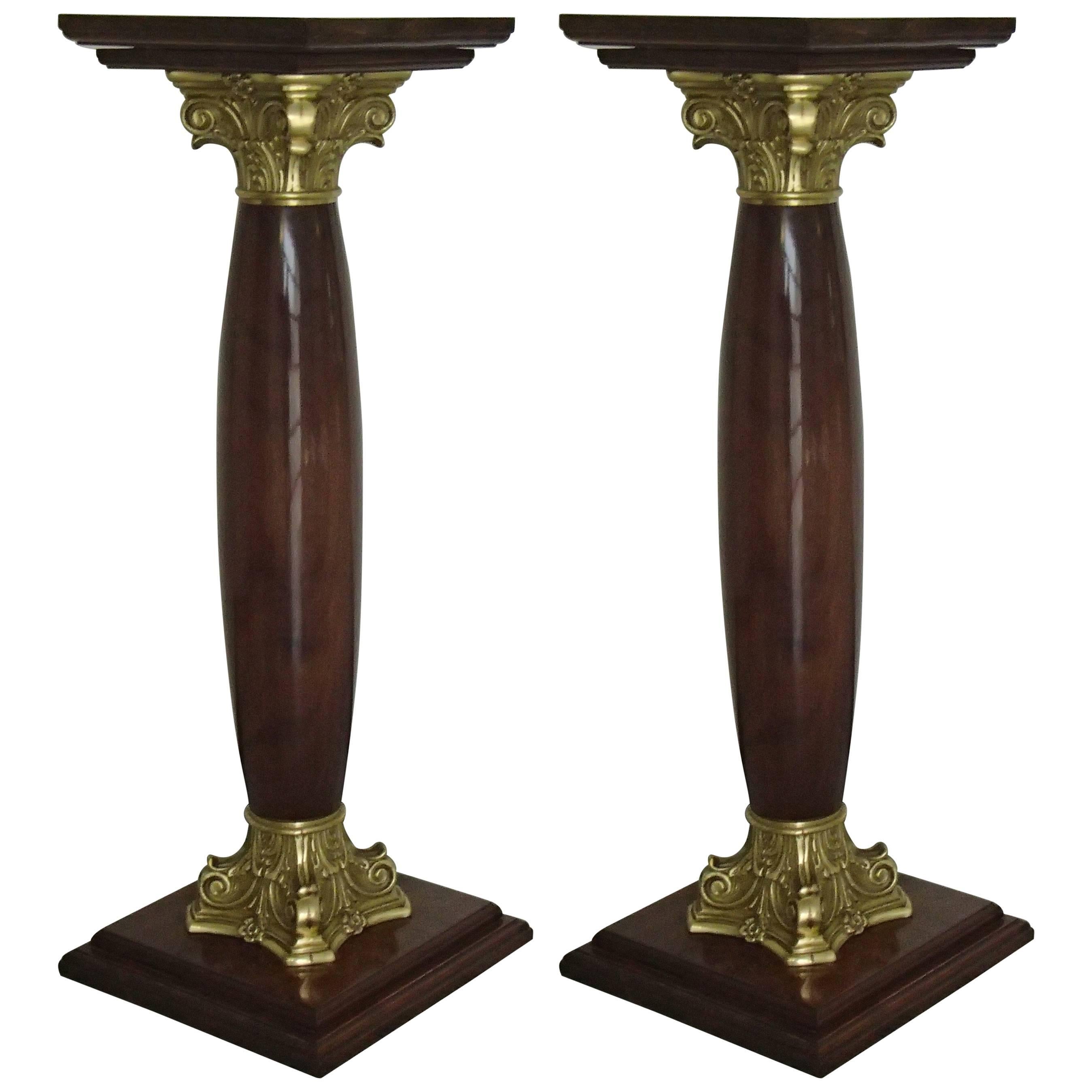 Midcentury Decorative Pair of Pedestals Walnut with Brass For Sale