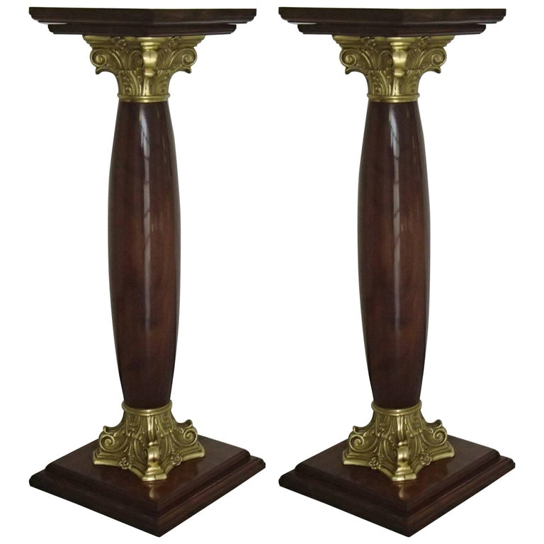 Midcentury Decorative Pair of Pedestals Walnut with Brass For Sale at