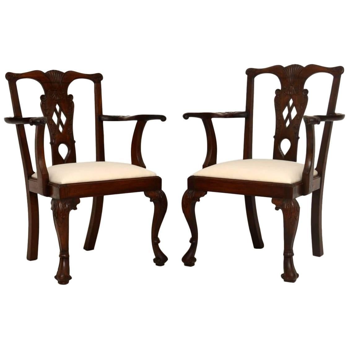 Pair of Antique Mahogany Chippendale Carver Armchairs