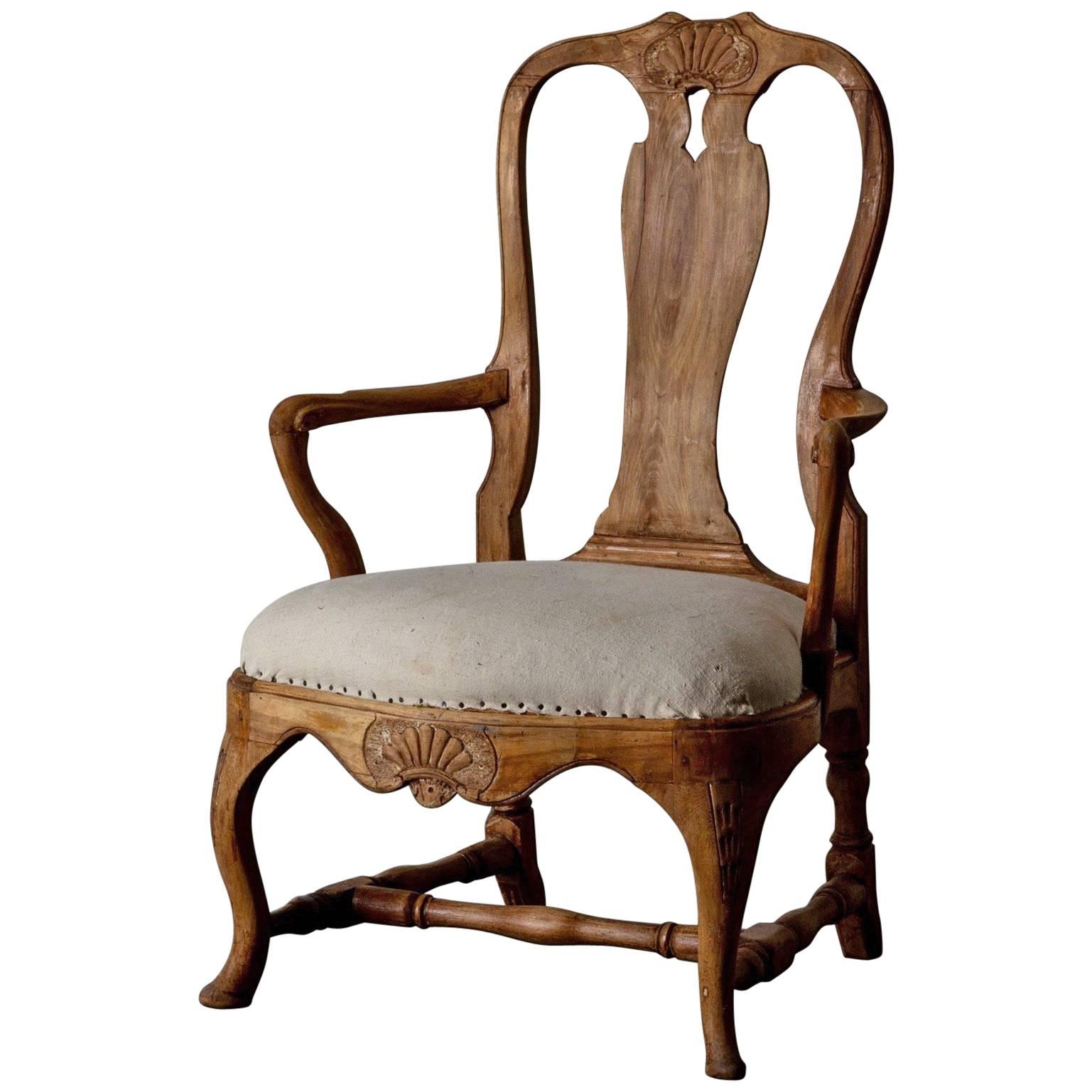 Armchair Swedish Rococo Period Natural Wood, 18th Century, Sweden