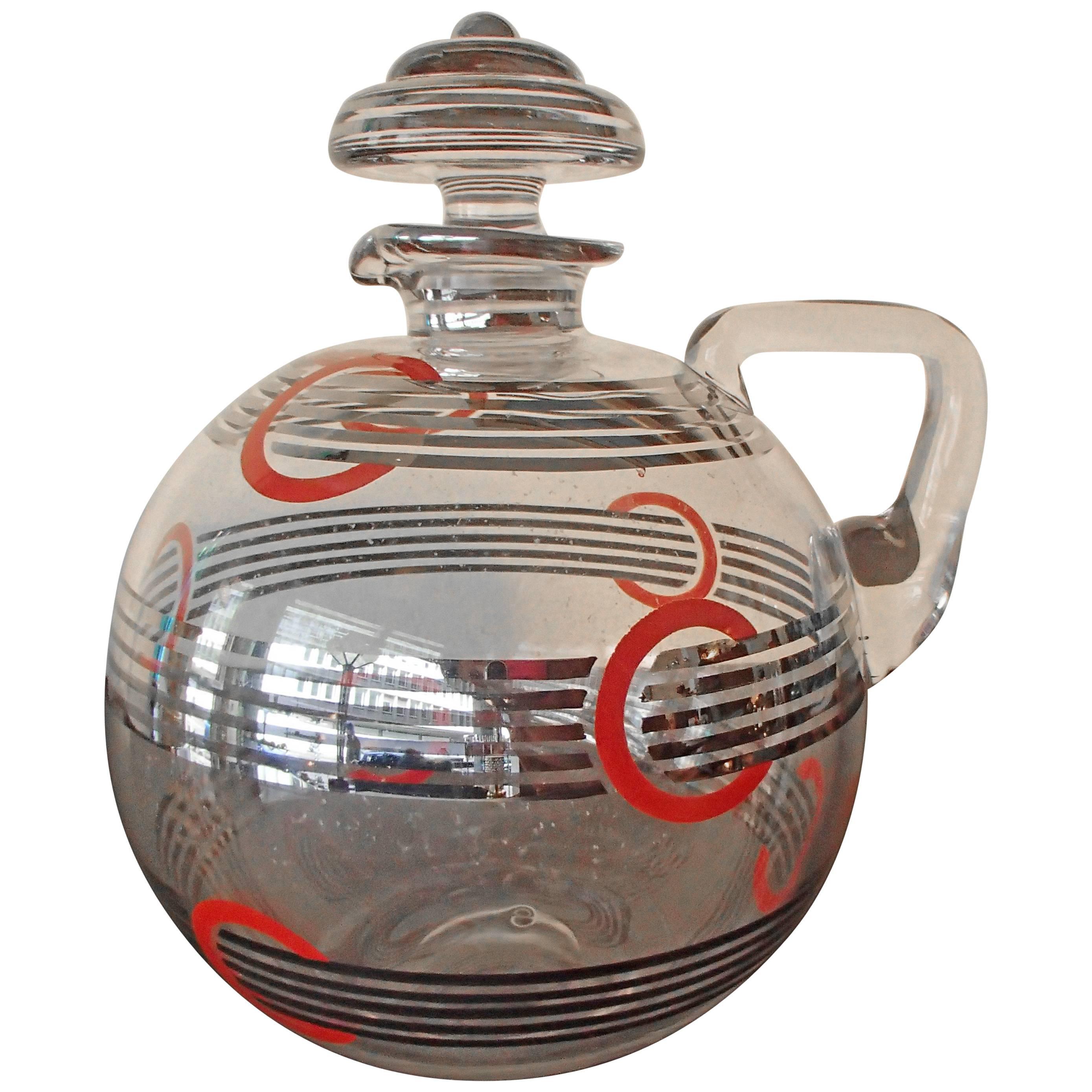 Art Deco Carafe Silver Red and Black Geometrical Design For Sale