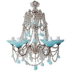 French Aqua Blue Opaline Murano Drops and Bobeches Chandelier