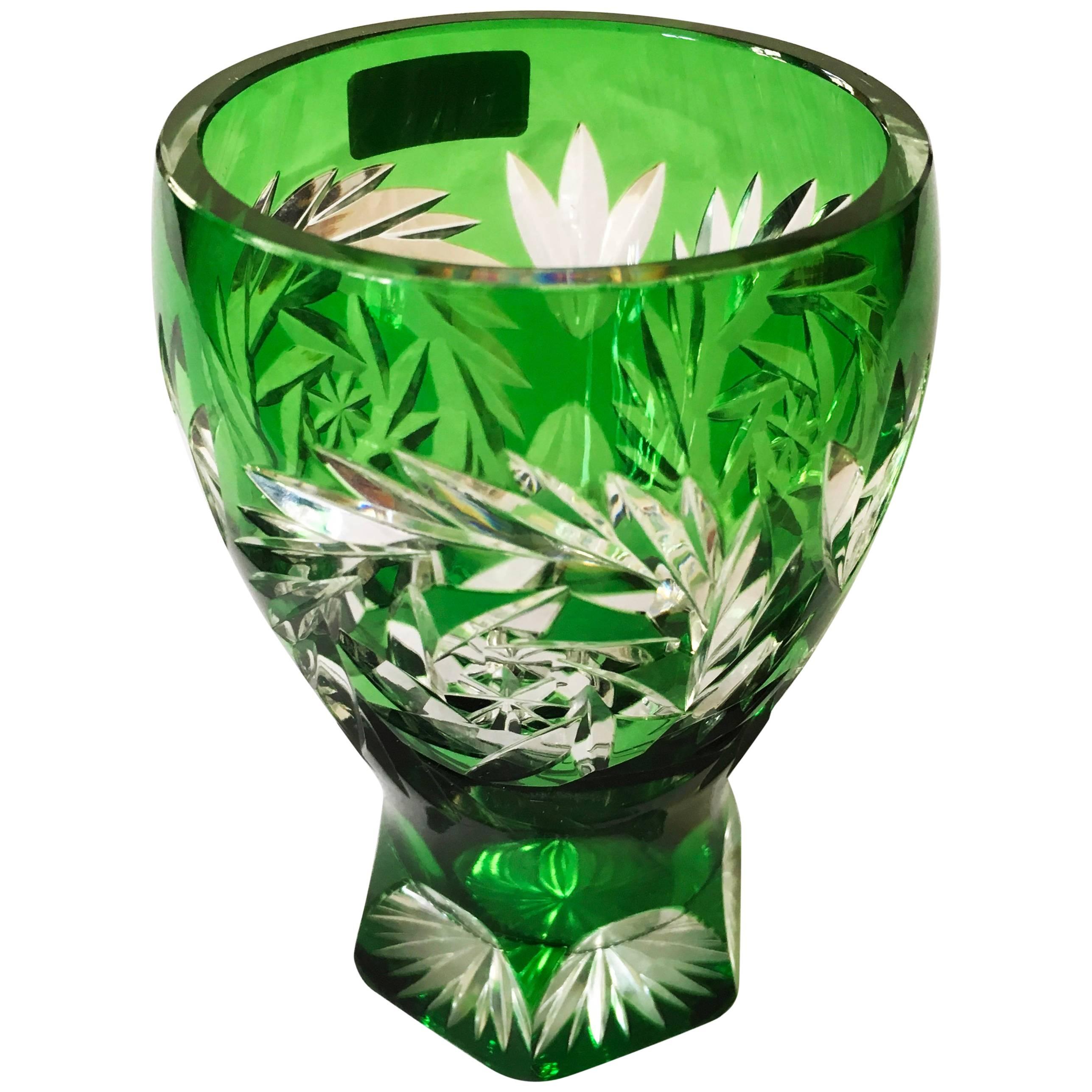 Vintage Bohemian Cut Crystal Green Vase