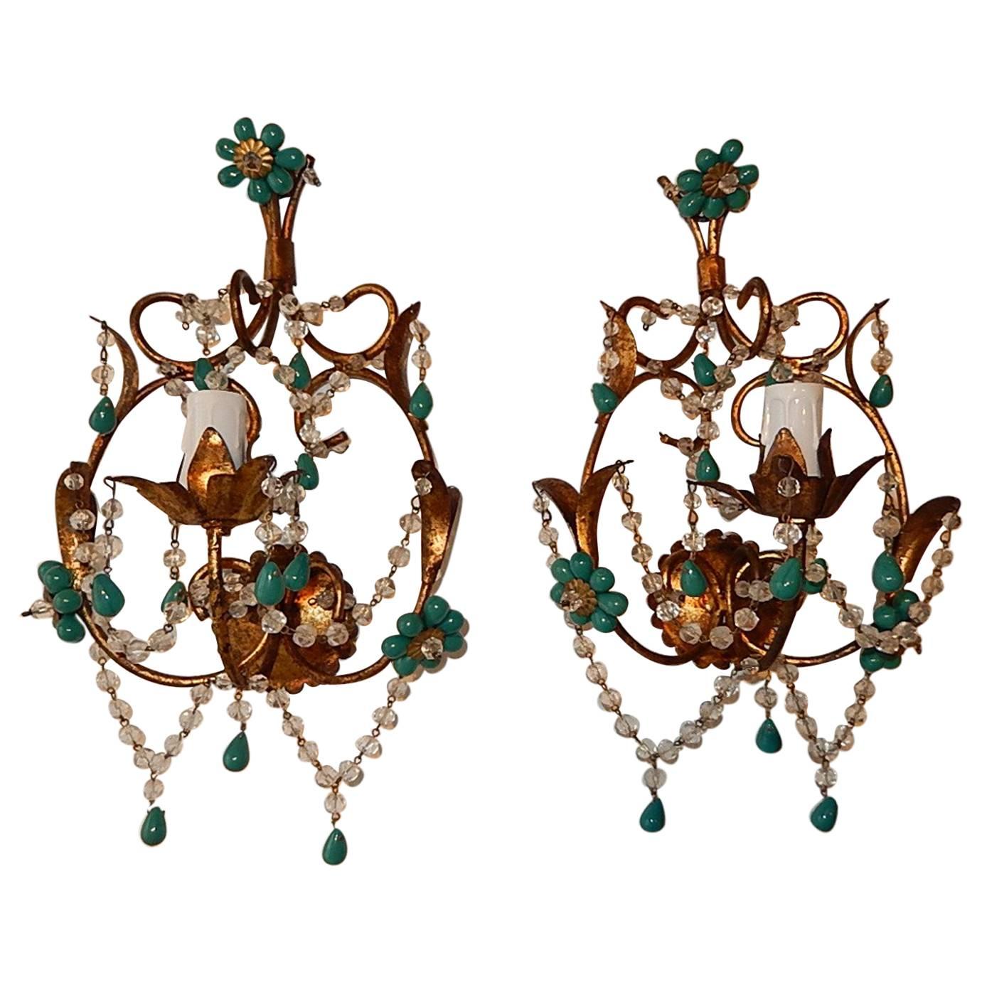 French Turquoise Green Murano Beads Rock Crystal Swags Sconces