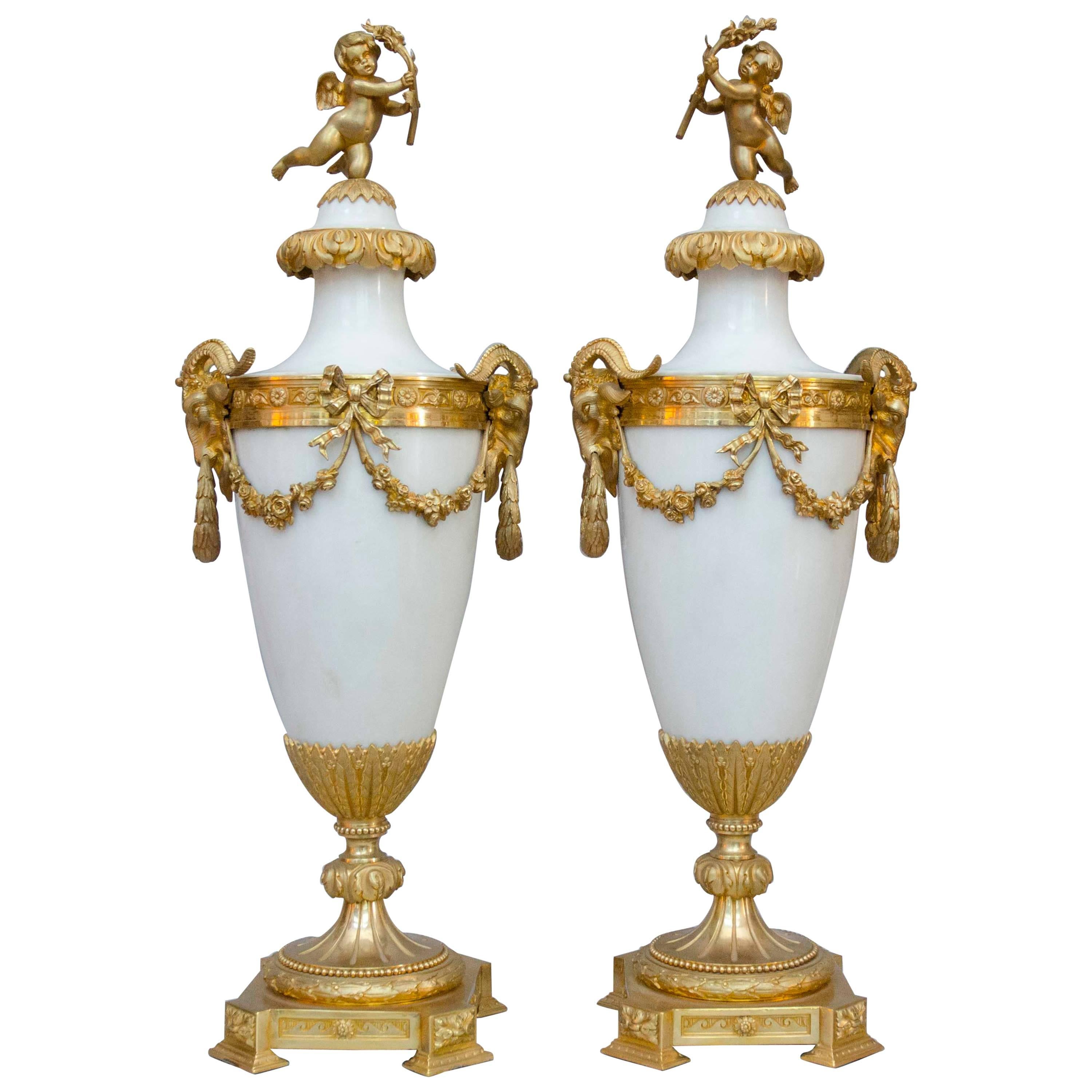 19th Century French Pair of Large Ormulu White Marble Vases, Casolettes For Sale