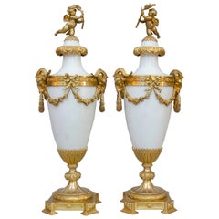 19th Century French Pair of Large Ormulu White Marble Vases, Casolettes