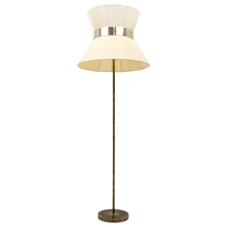 Tiffany Floor Lamp RUST ivory Silk, Antiqued Brass, Silvered Glass