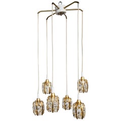 Vintage Six Brass Gold-Plated and Diamond Shaped Crystals Cascade Chandelier