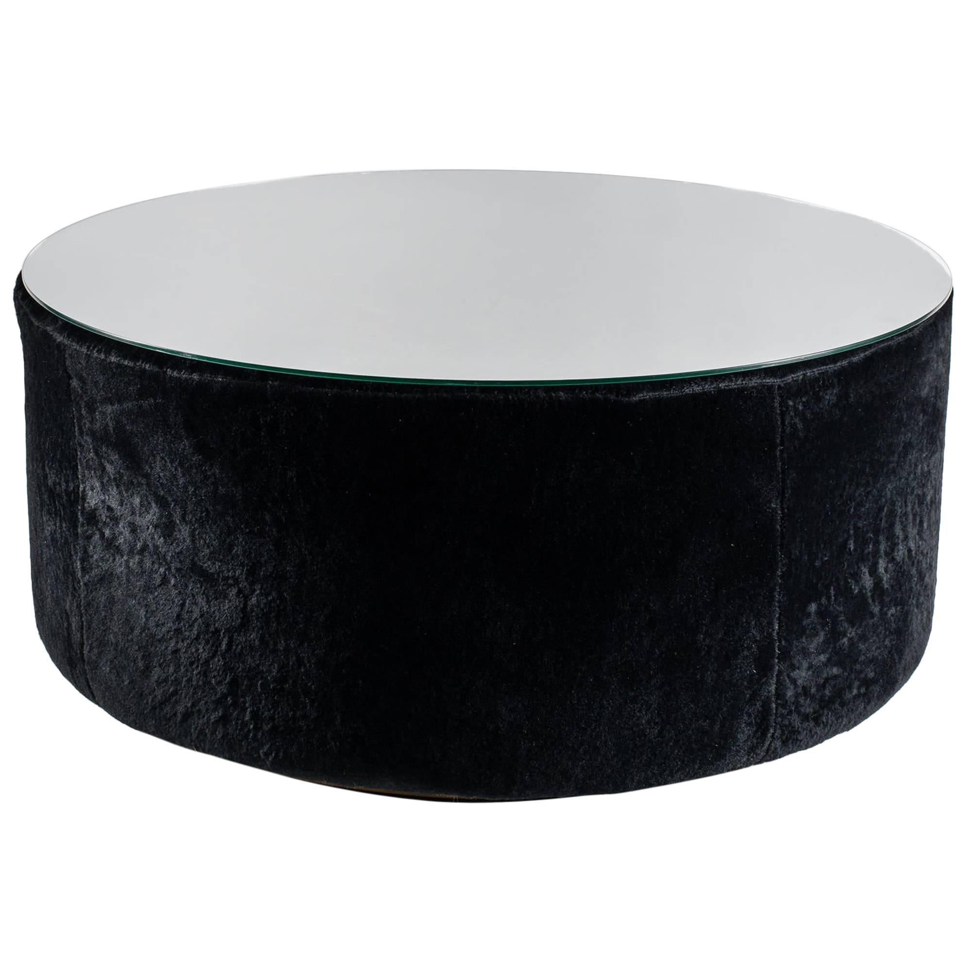 Round Coffee Table, Black Shearling, Glass Top For Sale