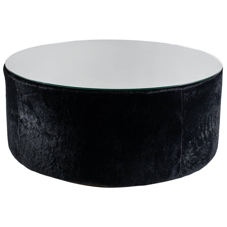 Round Coffee Table, Black Shearling, Glass Top For Sale at 1stDibs