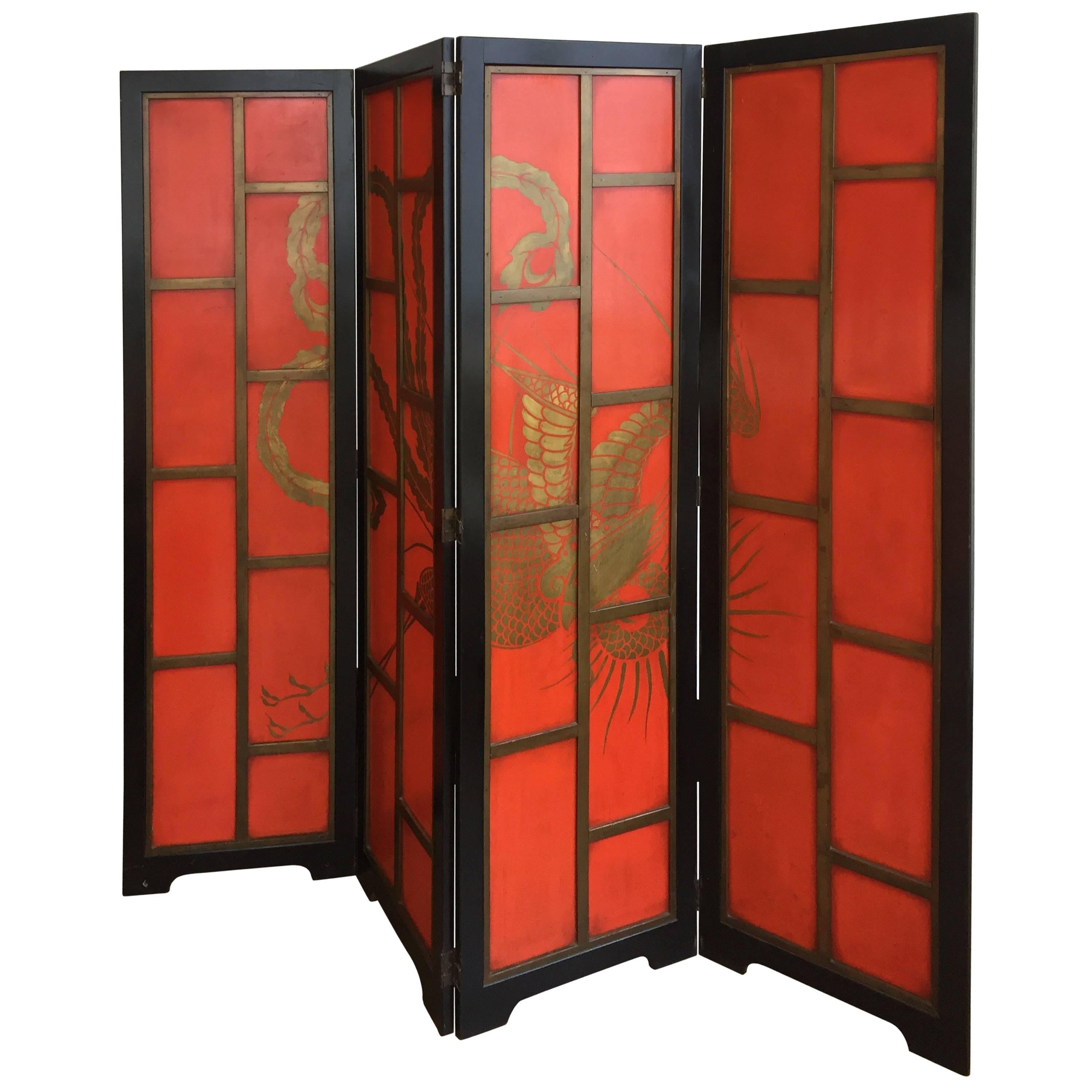 Chinoiserie Screen Art Deco Style in Colour China Red and Black Lacquer 