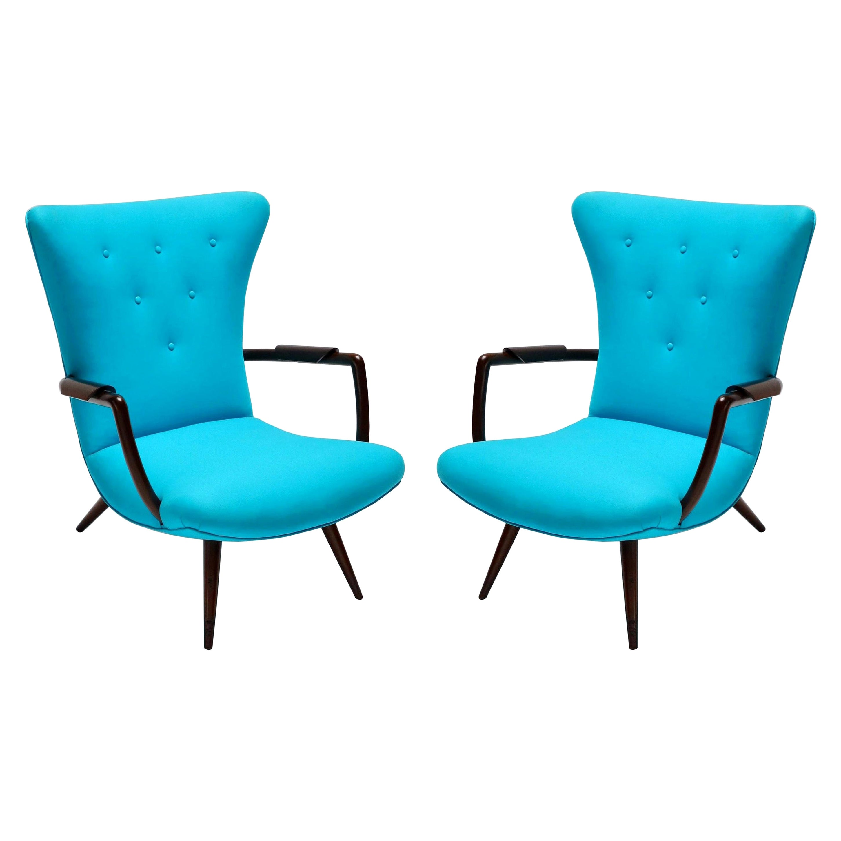 Pair of Blue Brazilian Paulistana Wood Armchairs in the Style of Scapinelli For Sale