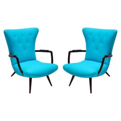 Pair of Blue Brazilian Paulistana Wood Armchairs in the Style of Scapinelli