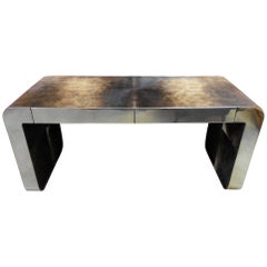Gary Gutterman Polished Stainless Steel and Natural Hide Waterfall Desk, 1970s