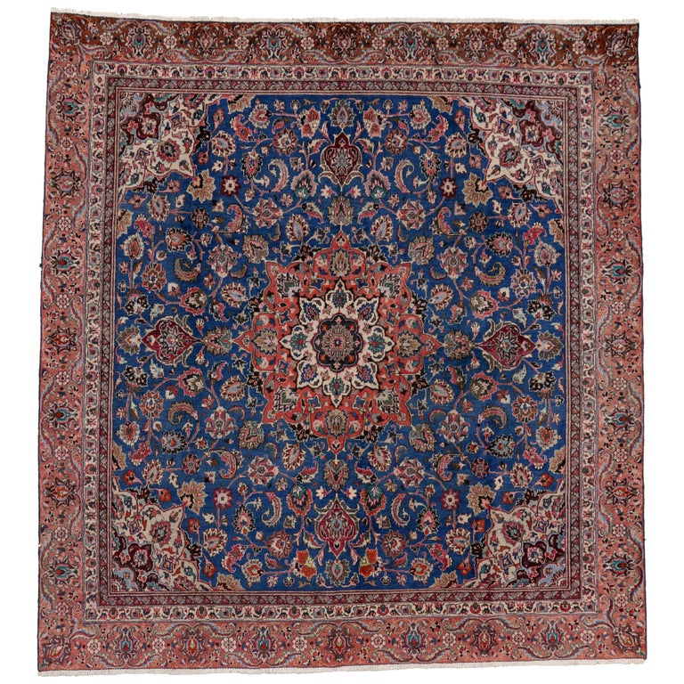 Vintage Persian Tabriz Rug with Traditional Style, Square Tabriz Rug at