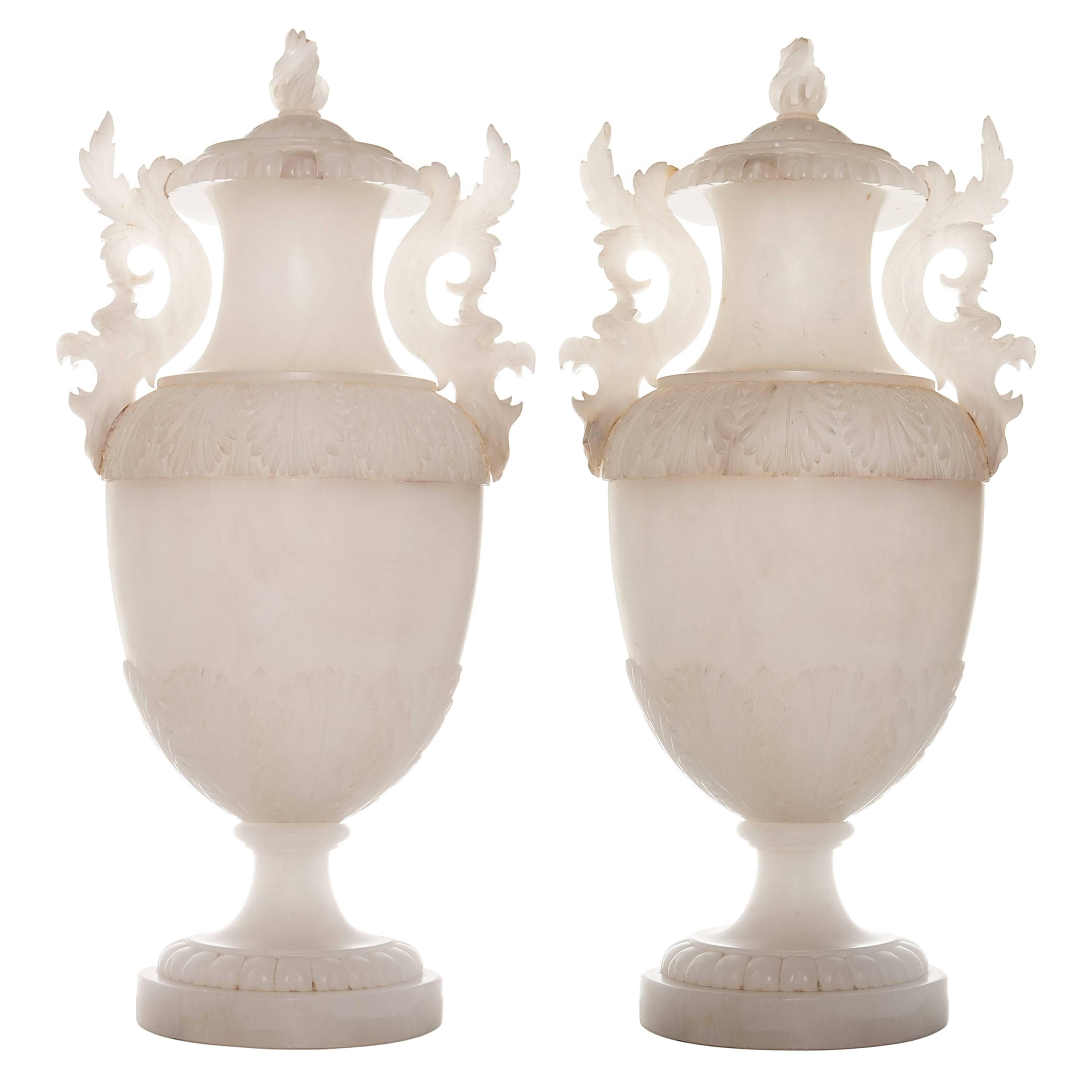 19th Century Pair of Large Italian Alabaster Covered Urns For Sale
