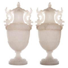 19th Century Pair of Large Italian Alabaster Covered Urns
