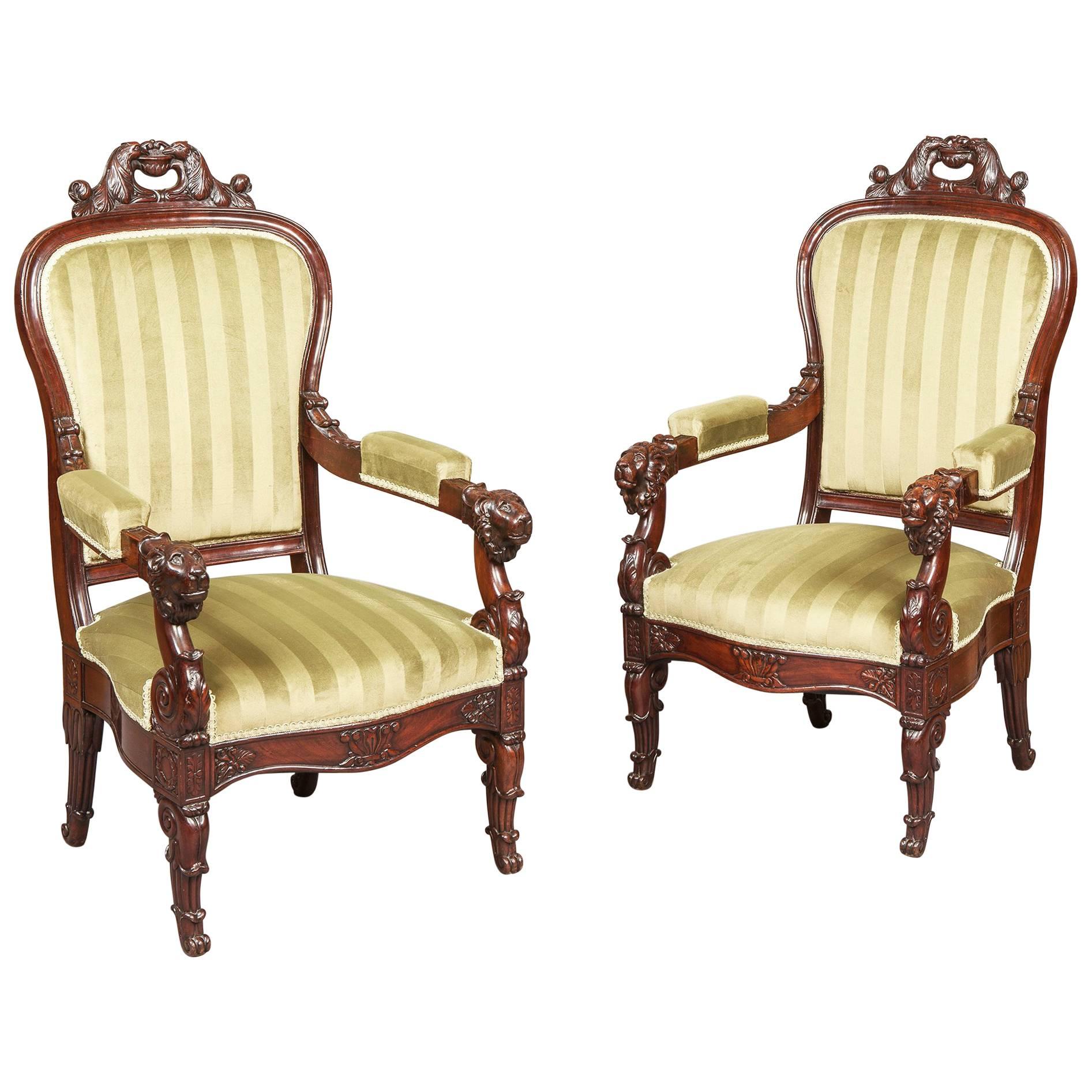 Pair of French Carved Mahogany Armchairs, 19th Century For Sale