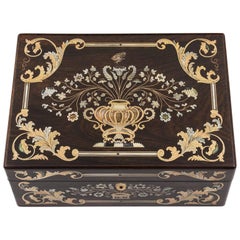 Brass and Mother-of-pearl Inlaid Antique Sewing Box, 19th Century