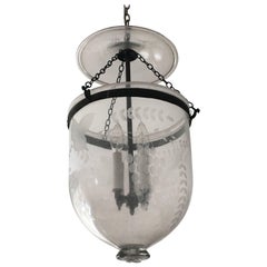 Antique 19th Century British Ceylonese Handblown Etched ‘Glow Lamp’ Bell Jar Lantern