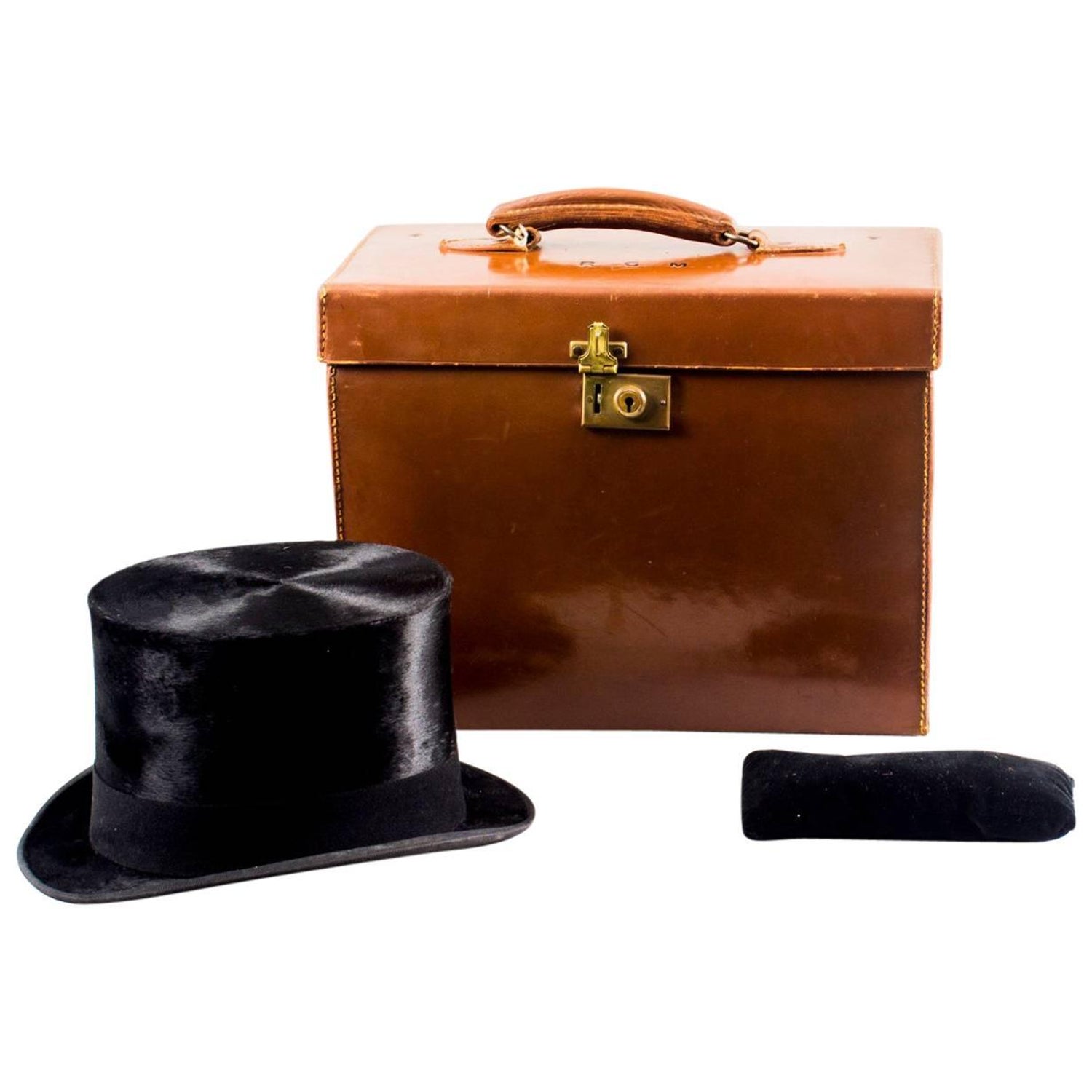 19th Century Beaver Skin Top Hat & Original Leather Hat Box, c
