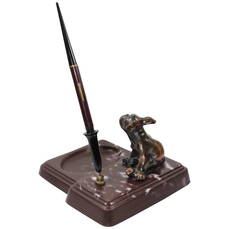 Antique French Bulldog Pen Holder on Marble Base For Sale at 1stdibs