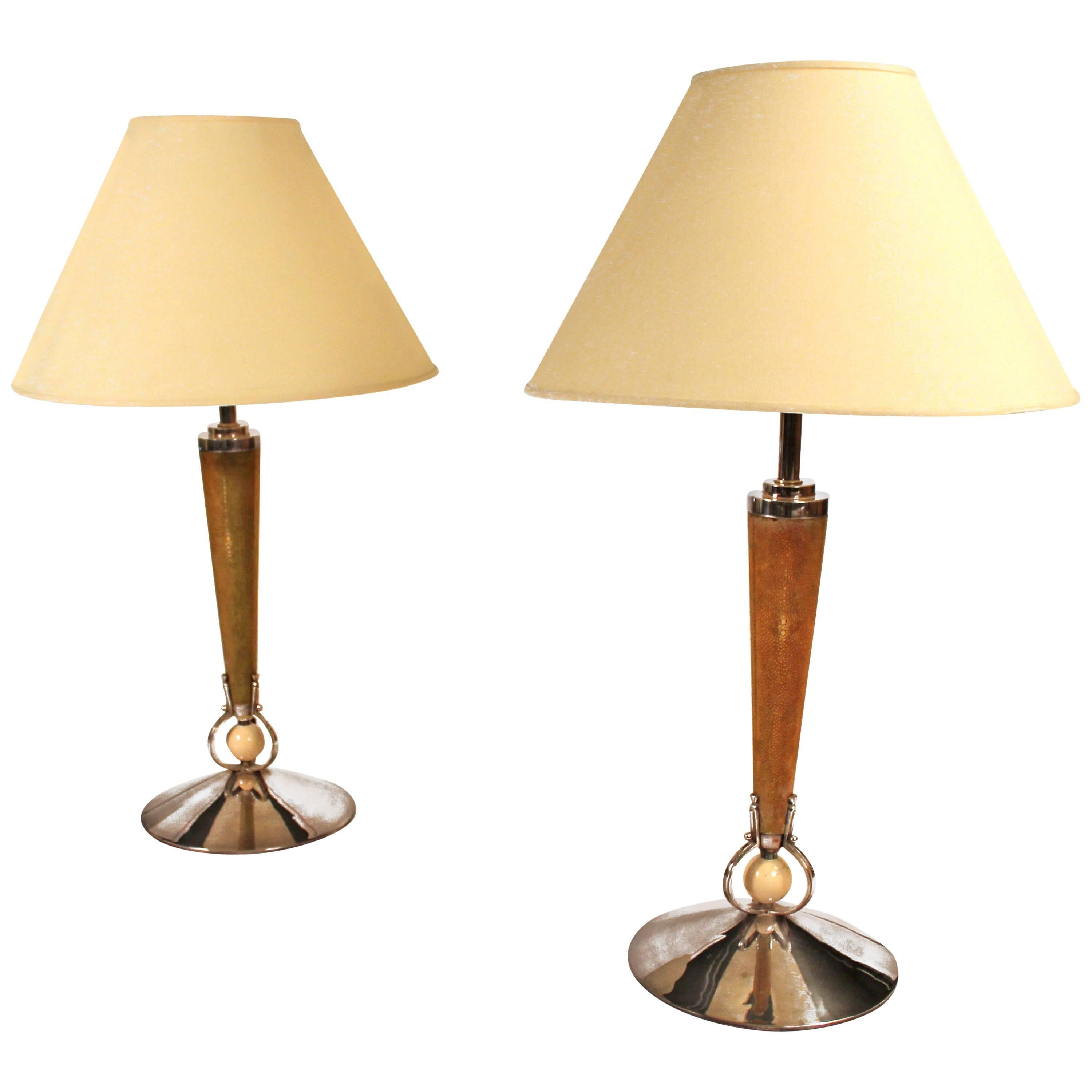 Pair of Monumental Shagreen Art Deco Lamps by Petitot Paris