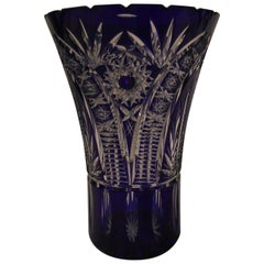 Large Bohemian Cut Crystal Vase, Blue Cut to Clear