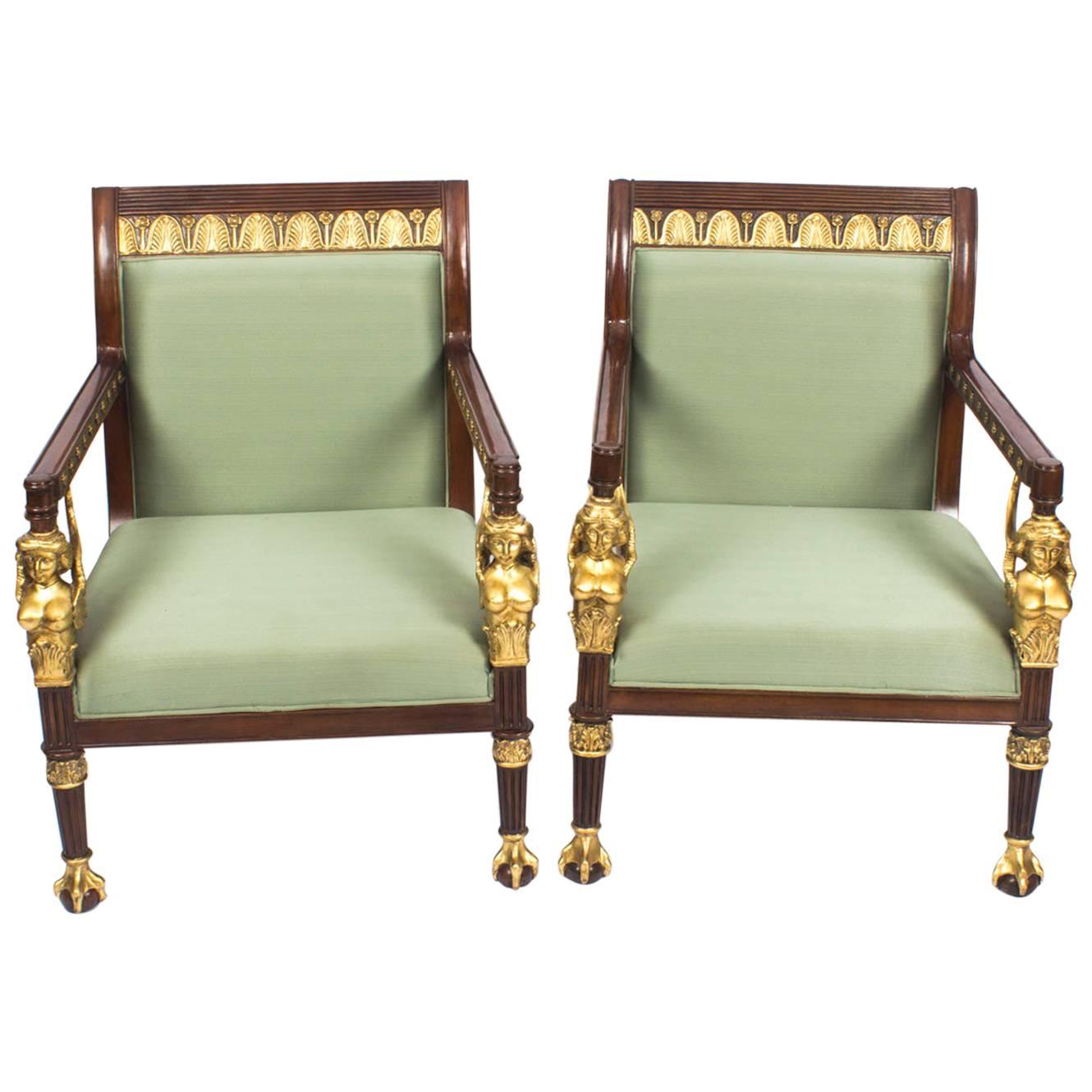 Pair of Empire Revival Mahogany and Gilt Armchairs, Late 20th Century